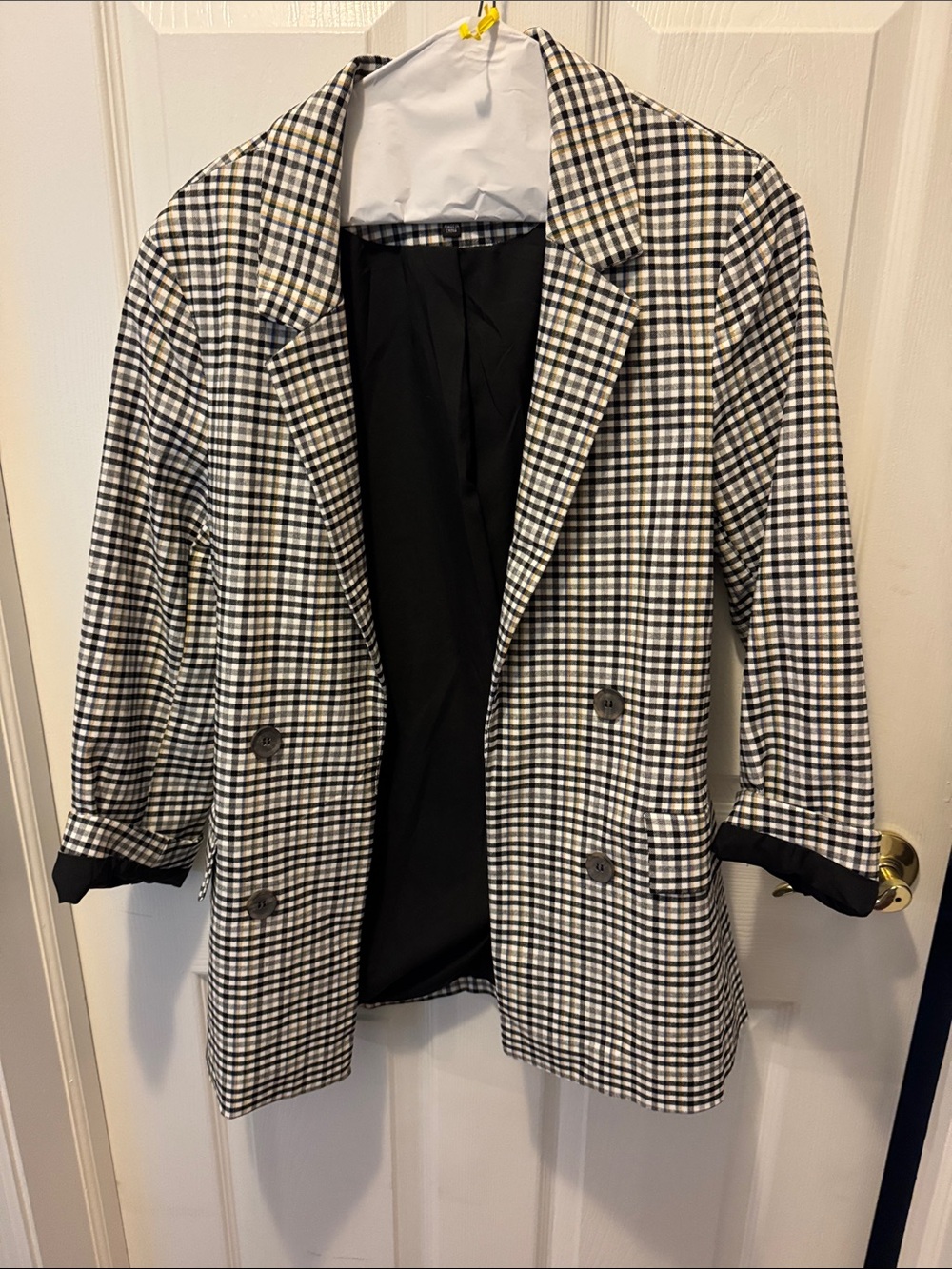Love Tree Black,White, Blue, & Gold Gingham Double-Breasted Blazer